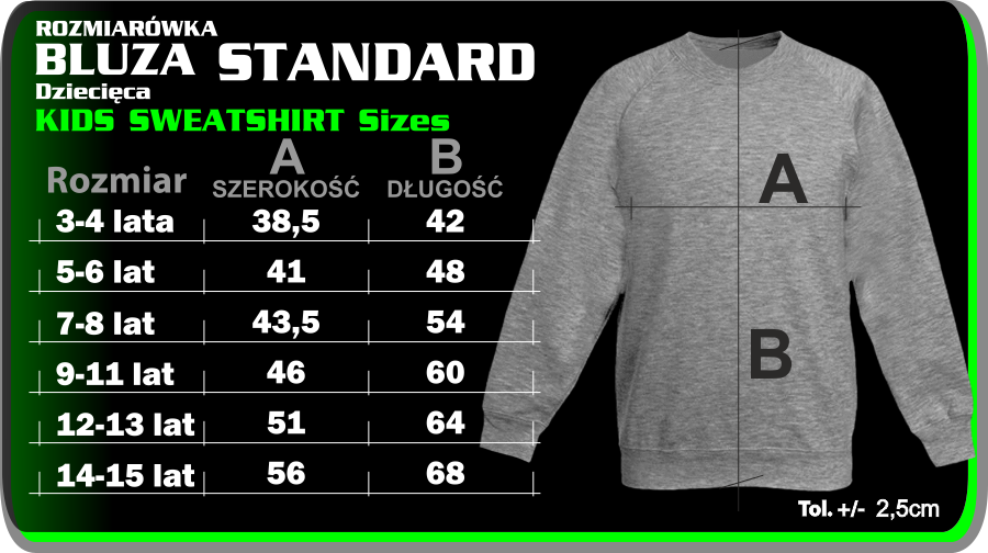 BLUZA STANDARD DZIECIECA - rozmiarowka